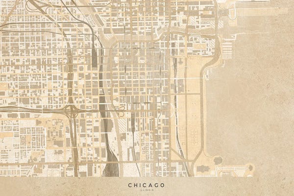 Chicago Maps: Vintage Sepia Map Chicago Downtown by blursbyai