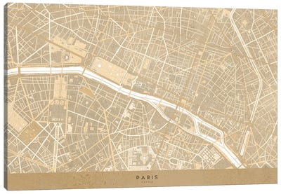 Vintage Sepia Map Of Paris Canvas Art Print - Paris Typography