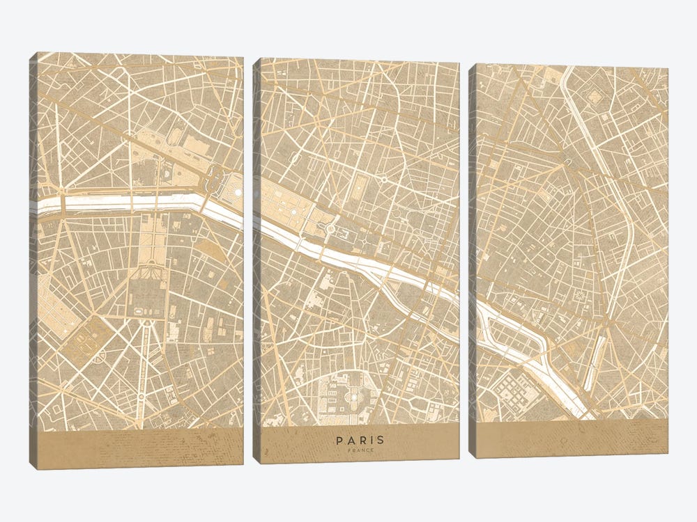 Vintage Sepia Map Of Paris by blursbyai 3-piece Canvas Art