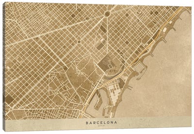 Vintage Sepia Map Of Barcelona Downtown Canvas Art Print - Barcelona Art