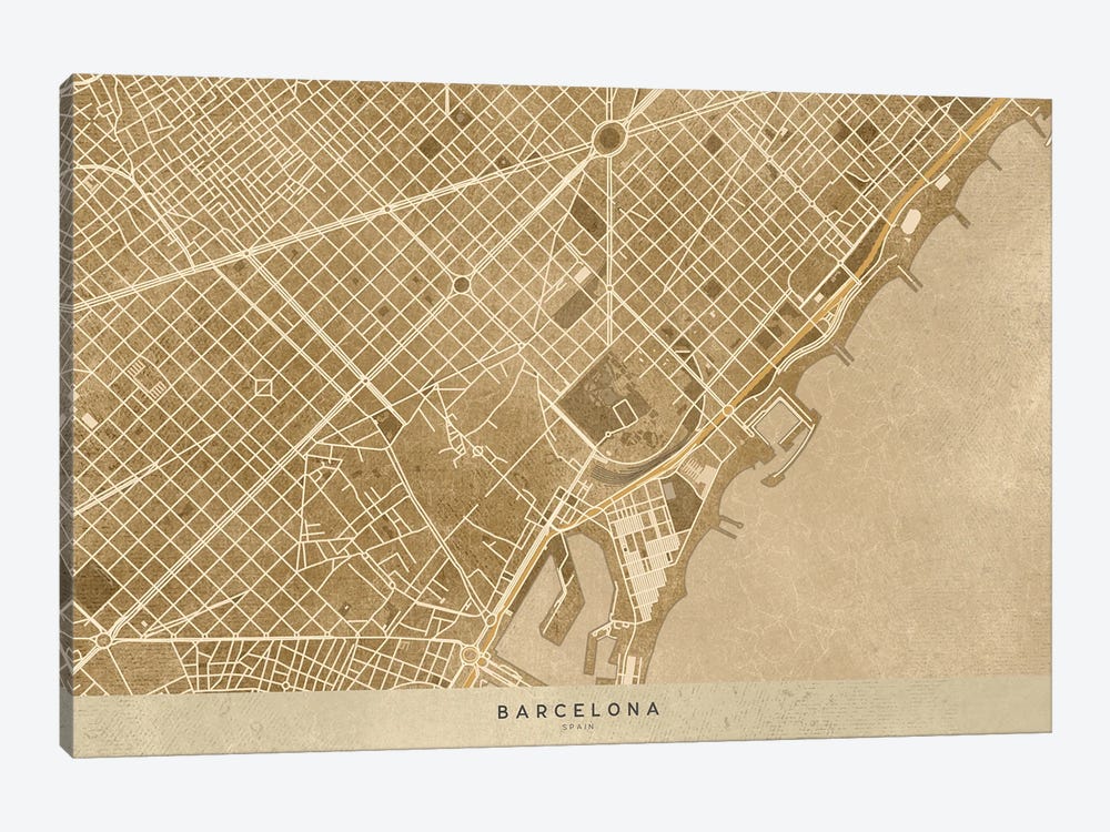 Vintage Sepia Map Of Barcelona Downtown 1-piece Canvas Print