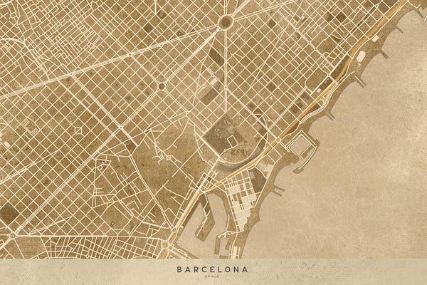Catalonia: Vintage Sepia Map Of Barcelona Downtown by blursbyai