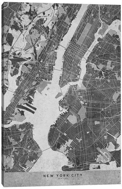 Vintage Grayscale Map Of New York City Canvas Art Print - Urban Maps