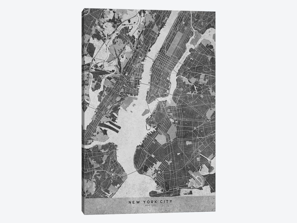 Vintage Grayscale Map Of New York City by blursbyai 1-piece Canvas Wall Art
