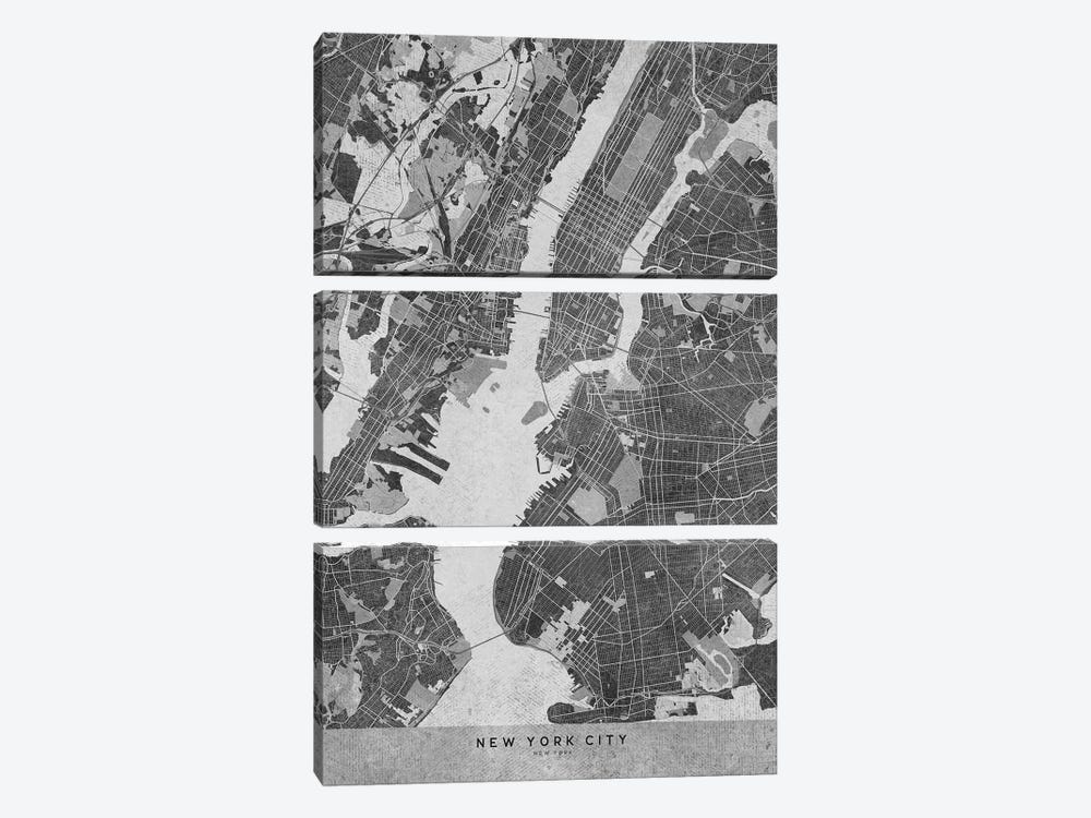 Vintage Grayscale Map Of New York City by blursbyai 3-piece Canvas Artwork