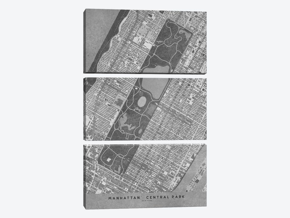 Vintage Grayscale Map Of New York Central Park by blursbyai 3-piece Art Print