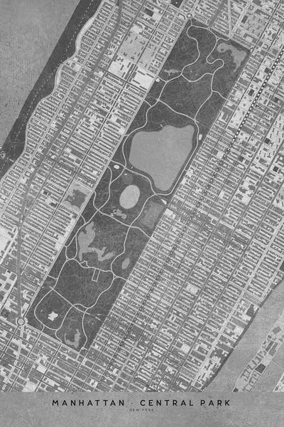 Central Park: Vintage Grayscale Map Of New York Central Park by blursbyai