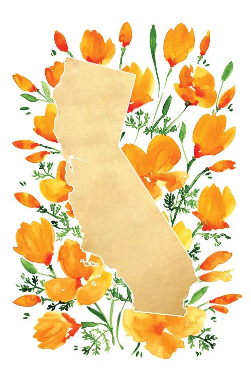 Map Of California With Watercolor California Poppies