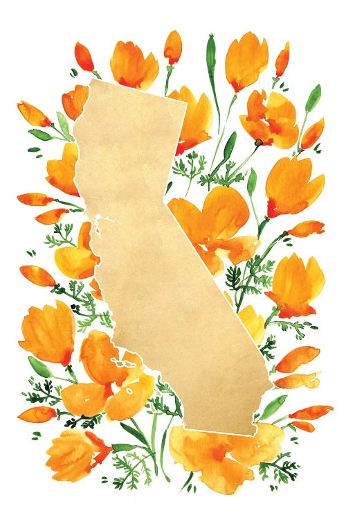 Map Of California With Watercolor California Poppies by blursbyai wall art