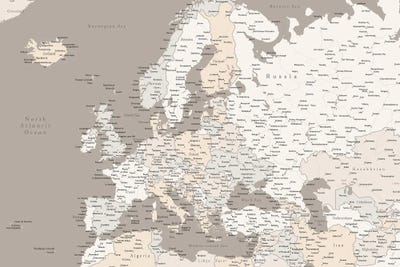 Brown Map Of Europe With Cities Canvas Print by blursbyai | iCanvas