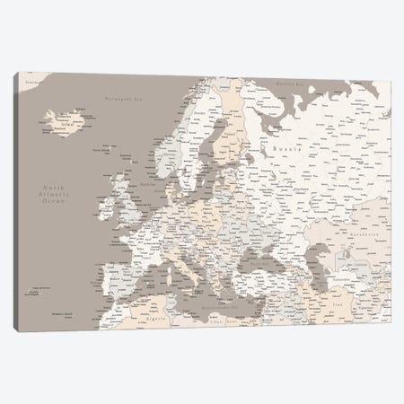 Brown Map Of Europe With Cities Canvas Print #RLZ142} by blursbyai Canvas Art