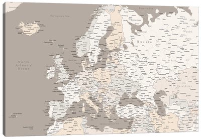 Brown Map Of Europe With Cities Canvas Art Print - blursbyai
