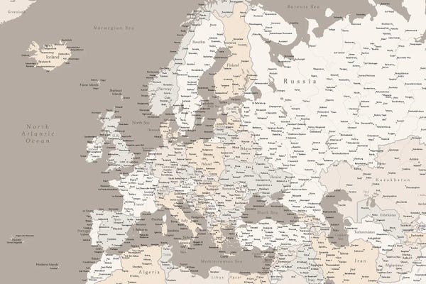 blursbyai: Brown Map Of Europe With Cities by blursbyai