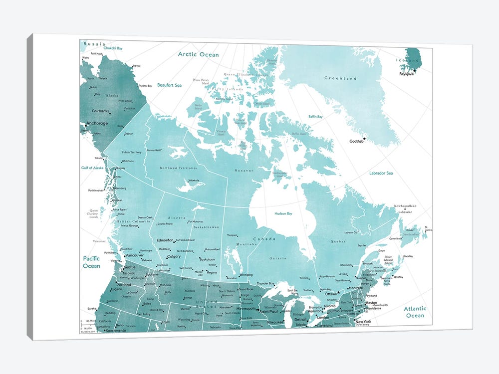 Map Of Canada In Teal by blursbyai 1-piece Canvas Wall Art