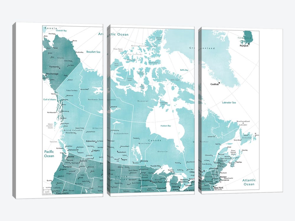 Map Of Canada In Teal by blursbyai 3-piece Canvas Art