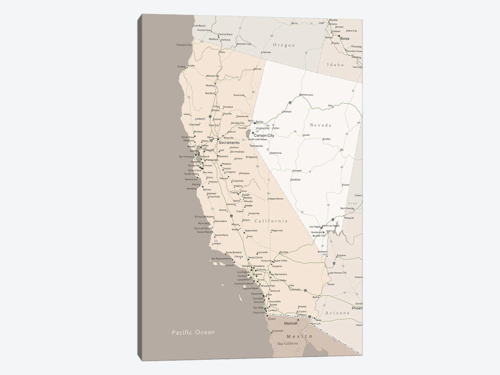 Brown Map Of California With Cities by blursbyai 1-piece Canvas Print