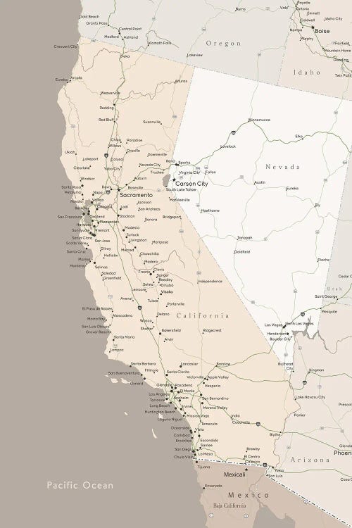 Brown Map Of California With Cities