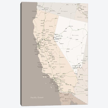 Brown Map Of California With Cities Canvas Print #RLZ144} by blursbyai Art Print