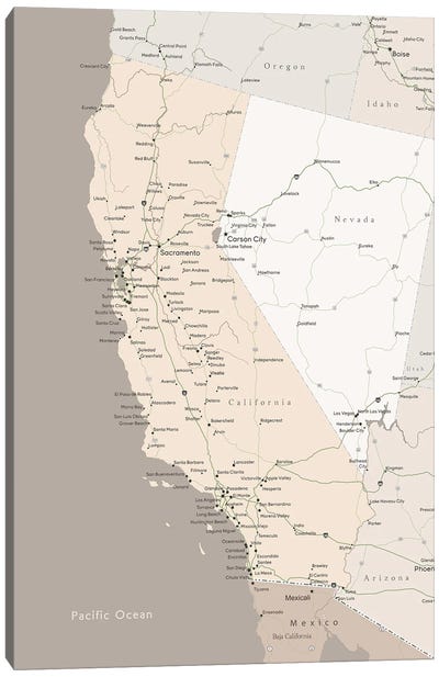 Brown Map Of California With Cities Canvas Art Print - State Maps