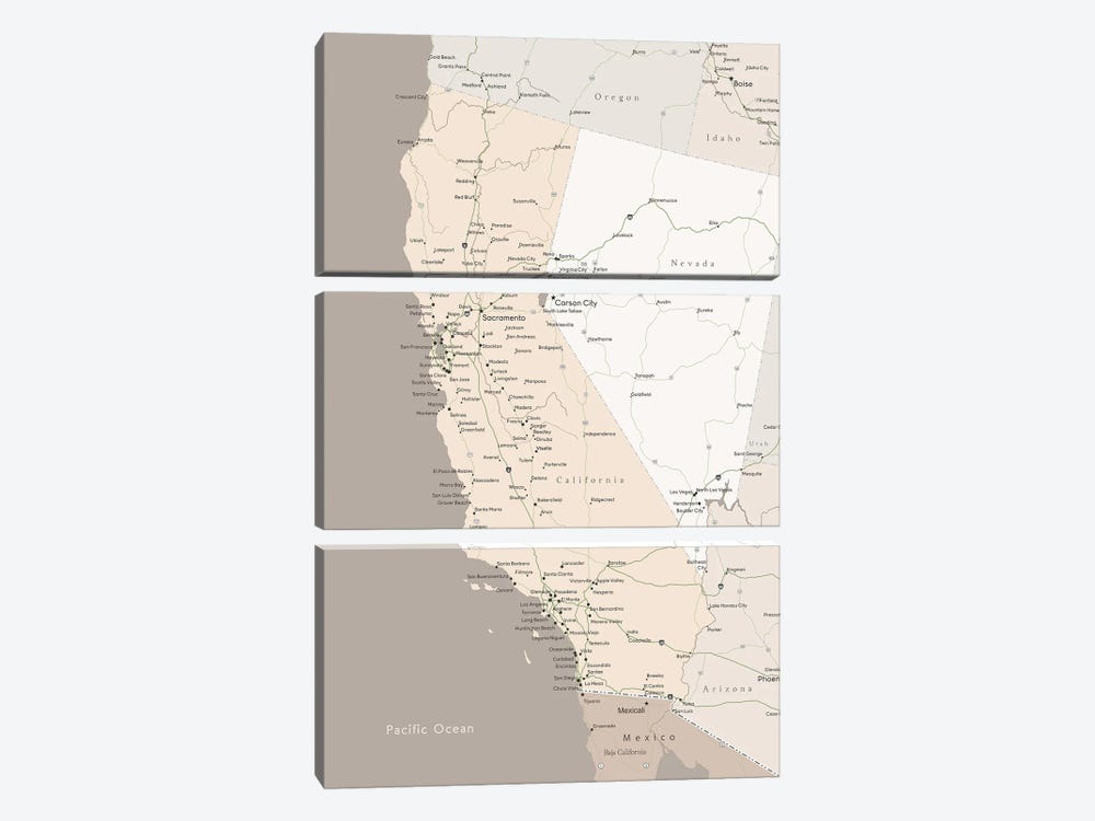 Brown Map Of California With Cities by blursbyai 3-piece Canvas Art Print