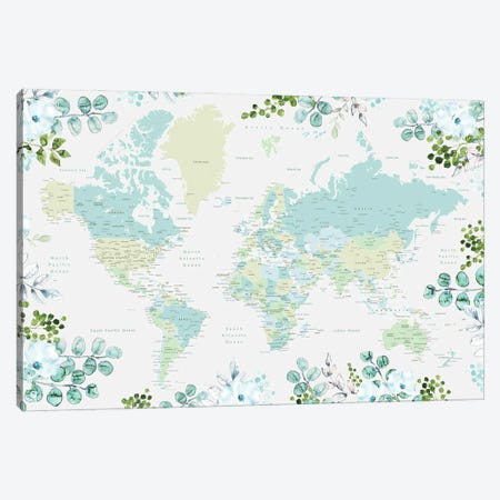 Floral World Map With Cities In Shades Of Green Canvas Print #RLZ145} by blursbyai Canvas Art Print