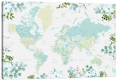 Floral World Map With Cities In Shades Of Green Canvas Art Print - World Map Art