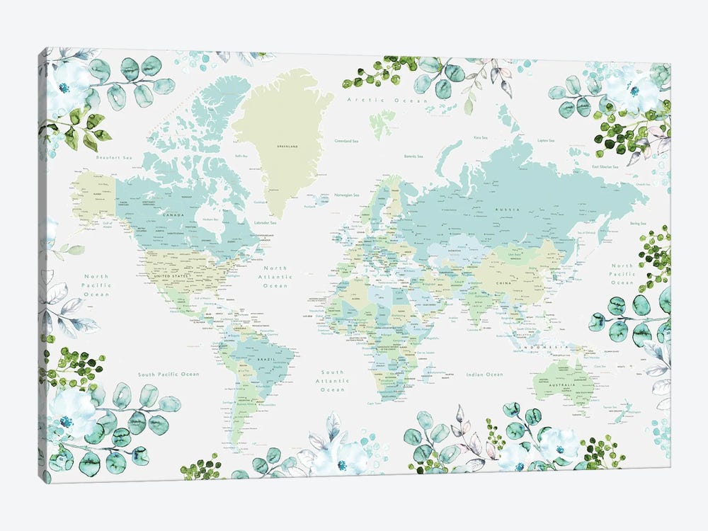 Floral World Map With Cities In Shades Of Green by blursbyai 1-piece Canvas Wall Art