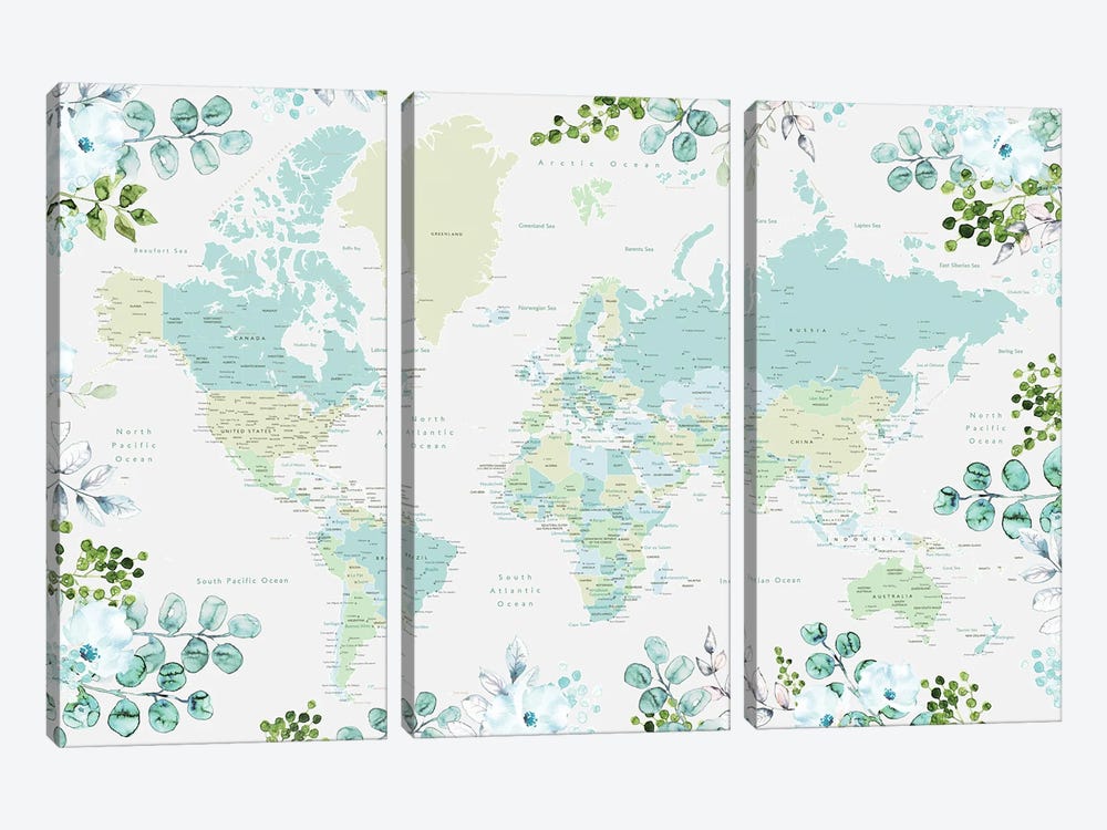 Floral World Map With Cities In Shades Of Green by blursbyai 3-piece Canvas Artwork
