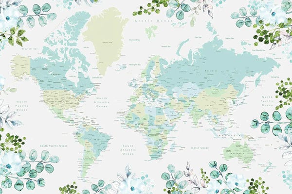 Globes: Floral World Map With Cities In Shades Of Green by blursbyai