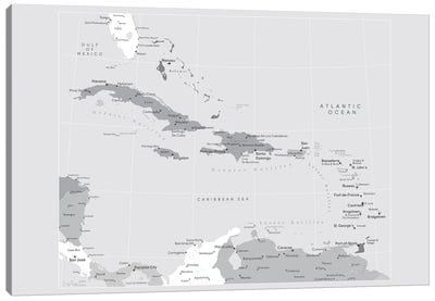 Map Of The Caribbean Sea With Cities Canvas Art Print - blursbyai