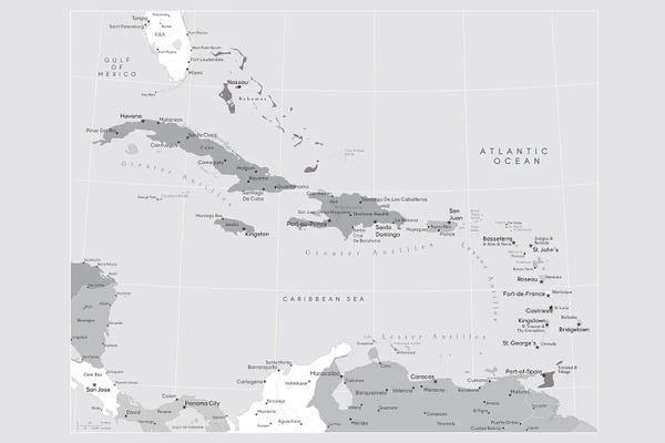 Caribbean: Map Of The Caribbean Sea With Cities by blursbyai