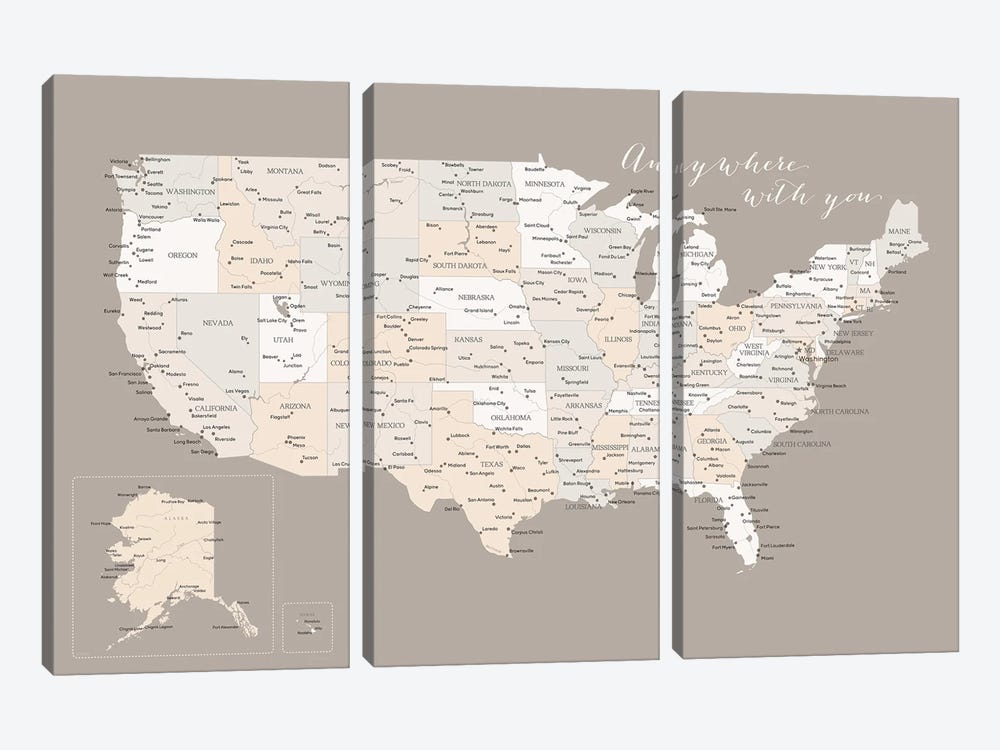 Map Of The Usa Anywhere With You by blursbyai 3-piece Canvas Art