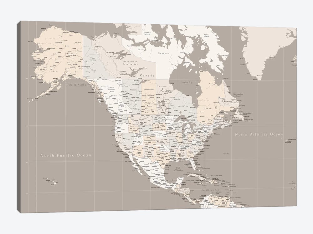 Map Of North America In Brown by blursbyai 1-piece Canvas Art