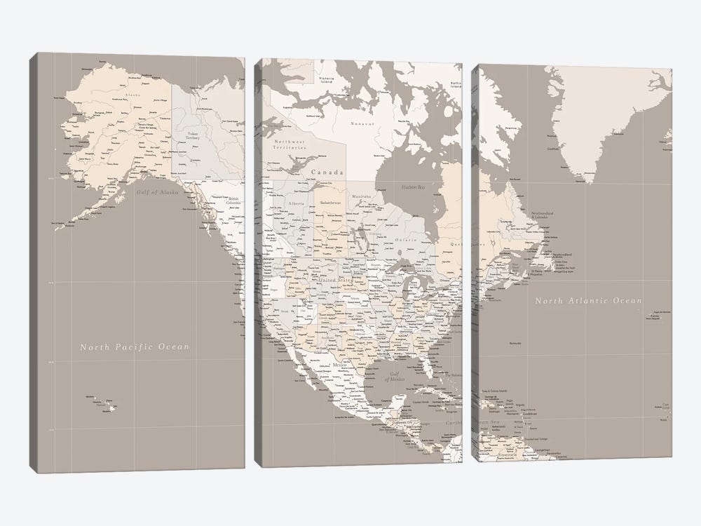 Map Of North America In Brown by blursbyai 3-piece Canvas Artwork