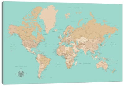 Vintage Style Teal And Brown World Map With Cities Canvas Art Print - World Map Art