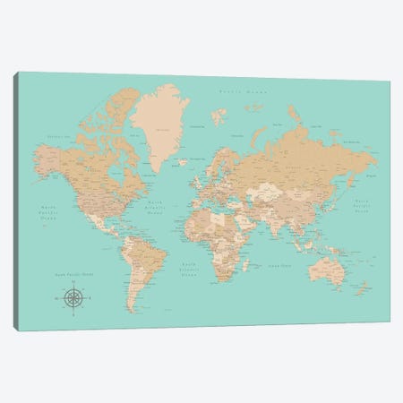 Vintage Style Teal And Brown World Map With Cities Canvas Print #RLZ150} by blursbyai Canvas Art Print