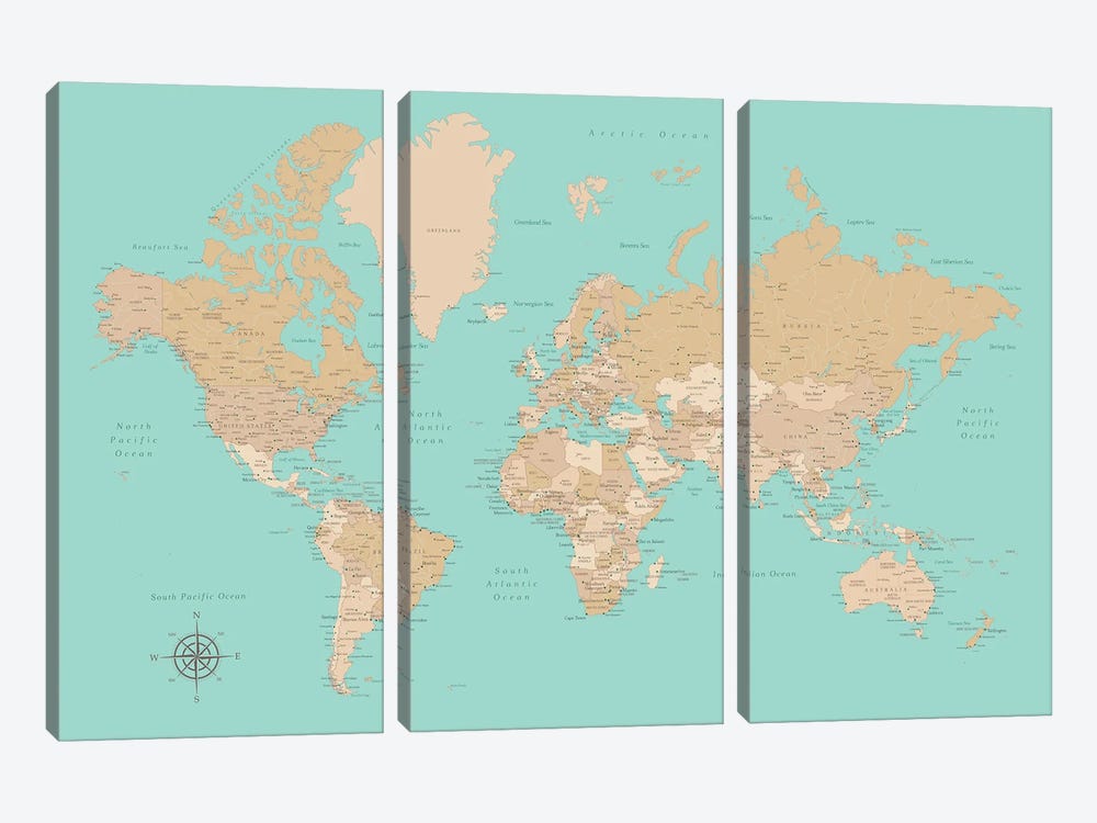 Vintage Style Teal And Brown World Map With Cities by blursbyai 3-piece Canvas Artwork