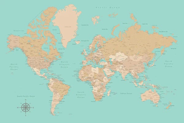 Vintage & Retro: Vintage Style Teal And Brown World Map With Cities by blursbyai