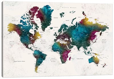 Charleena Detailed Watercolor World Map With Cities Canvas Art Print - Large Map Art