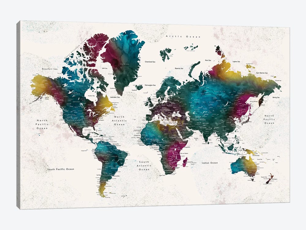 Charleena Detailed Watercolor World Map With Cities by blursbyai 1-piece Canvas Print