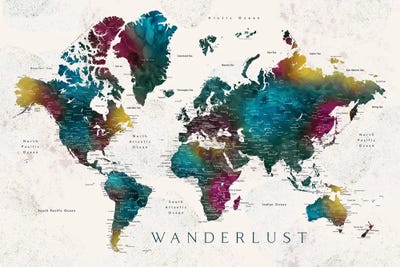 Wanderlust Charleena Detailed Watercolor World Map With Cities by blursbyai framed canvas print