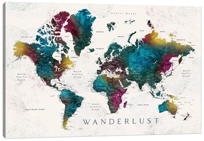 Wanderlust Charleena Detailed Watercolor World Map With Cities Canvas Art Print - World Map Art