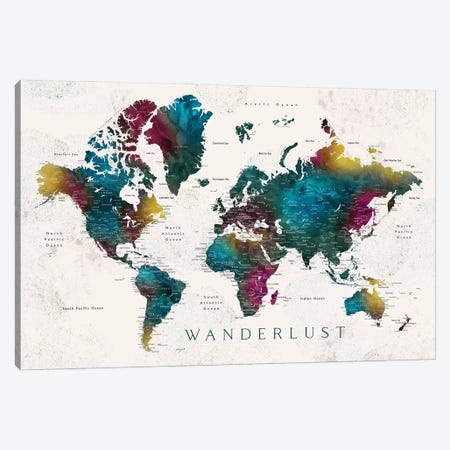 Wanderlust Charleena Detailed Watercolor World Map With Cities Canvas Print #RLZ152} by blursbyai Canvas Print
