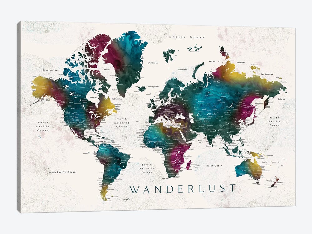 Wanderlust Charleena Detailed Watercolor World Map With Cities by blursbyai 1-piece Canvas Art