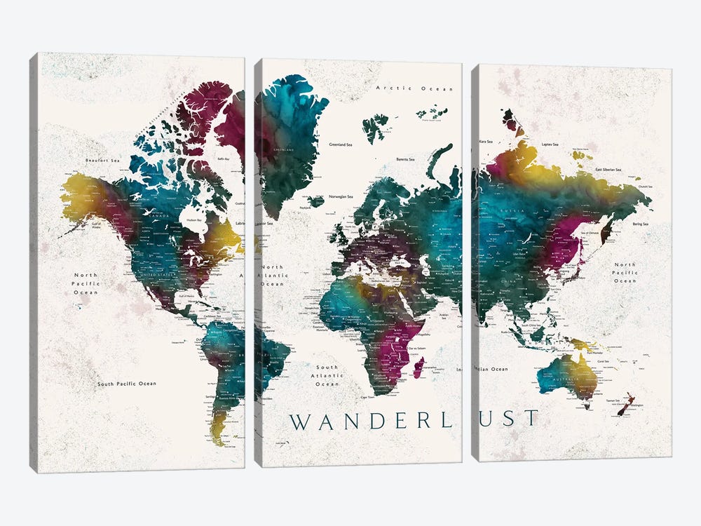 Wanderlust Charleena Detailed Watercolor World Map With Cities by blursbyai 3-piece Canvas Artwork