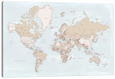 Rustic Detailed World Map With Cities In Baby Blue And Brown Canvas Art Print - World Map Art