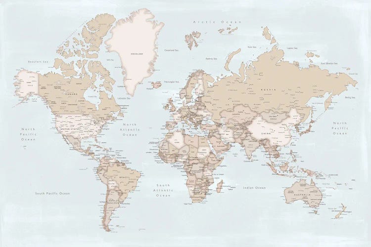 Rustic Detailed World Map With Cities In Baby Blue And Brown