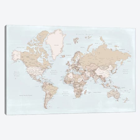 Rustic Detailed World Map With Cities In Baby Blue And Brown Canvas Print #RLZ153} by blursbyai Canvas Print