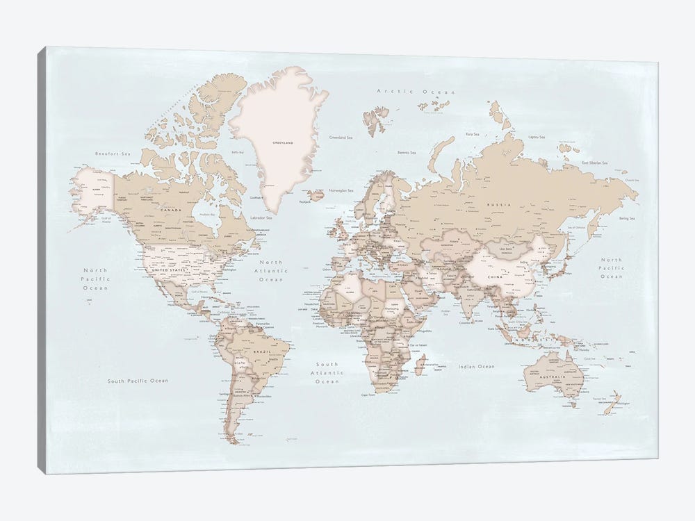 Rustic Detailed World Map With Cities In Baby Blue And Brown by blursbyai 1-piece Art Print