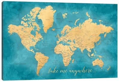 Take Me Anywhere Gold And Teal Detailed World Map Canvas Art Print - World Map Art